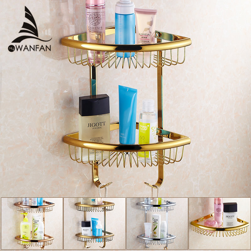 Free Shipping golden Brass Bathroom Shelves 2-Tier Bathroom Storage Basket Wall Mount Bathroom Shelf HJ-116BK