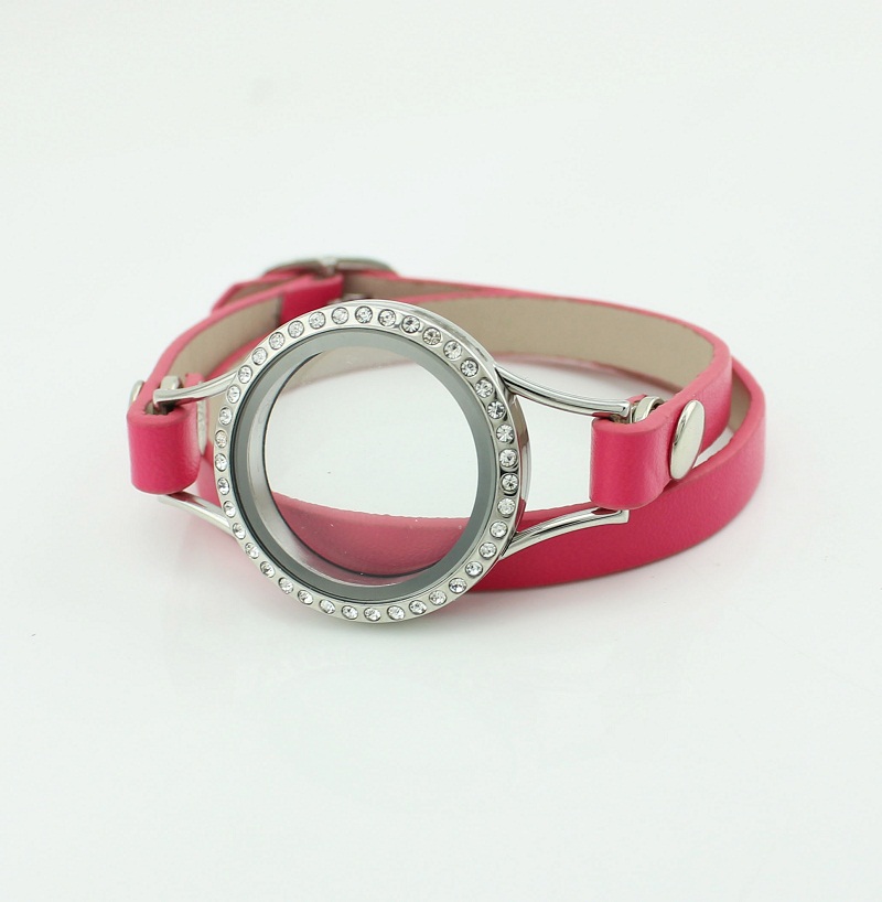 2015 Hot Sale Alloy 5Pcs Crystal Round Rose Red Leather Wrap Glass Floating Locket Bracelet For Charms
