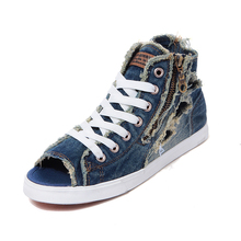 Denim Open Toe Shoes Summer 2016 Rome Zipper Cut-out Canvas Sandals Outdoor Sandals Ladies Flats