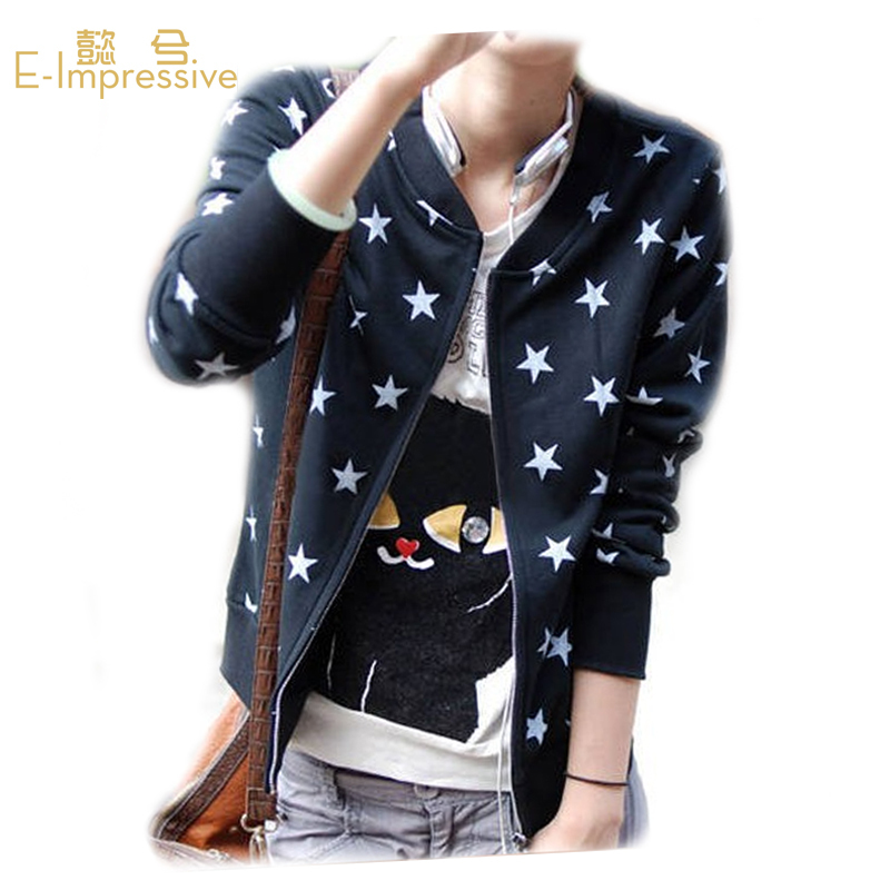 2015 Autumn New Star Pattern Printed Baseball Jacket Women Sports Sweatshirt Street Long Sleeve Zipper Women