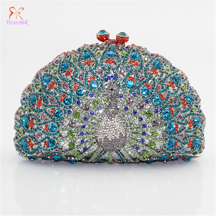 High quality Christmas gifts for women Luxurious peacock crystal rhinestones diamonds woman clutch handbag dress bag