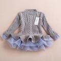 new 2015 autumn winter fashion knitted sweater top girl dress Organza patchwork girls sweater dress suit2