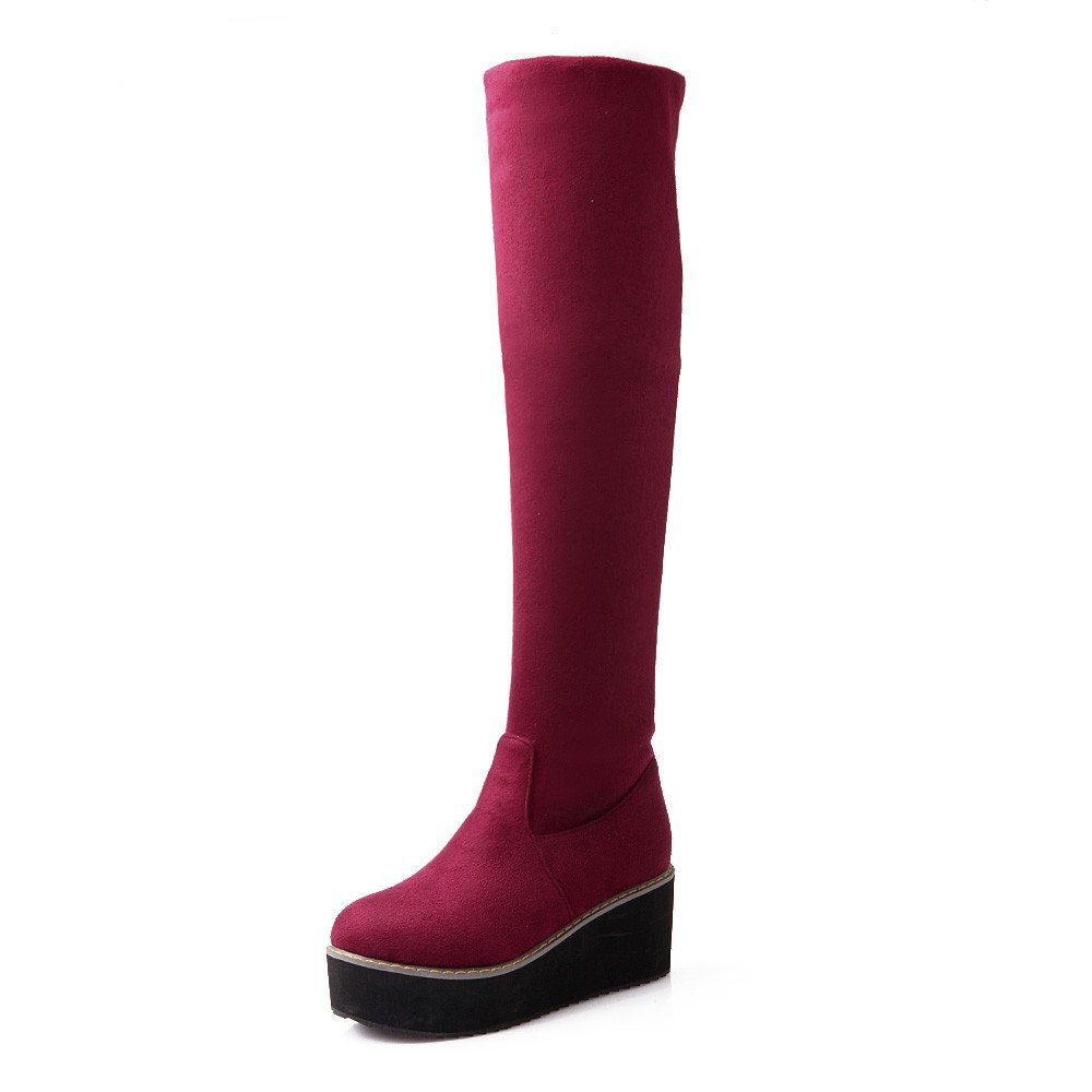 Stretch Nubuck&PU Black Red Blue Wedge Platform Women Thigh High