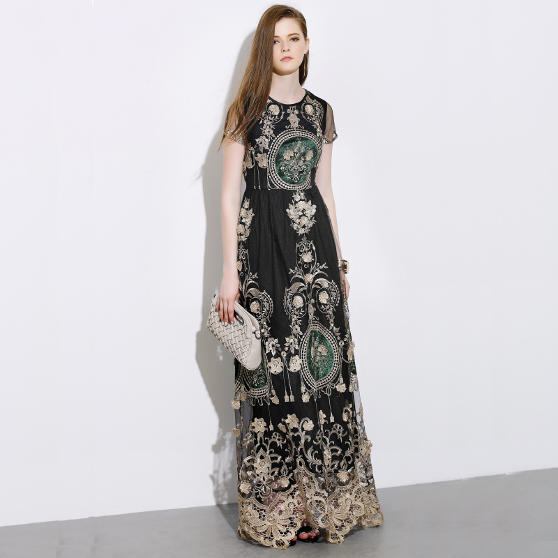 Vintage Dress 2015 Fashion Autumn Royal Complicated Work Elegant Short Sleeve Empire Floor-Length Embroidery Dress
