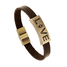 Vintage Retro Pulseira Homens Masculina Couro Male Cool Leather LOVE Graved Bracelet Biker Mens Steampunk Leather Jewellery