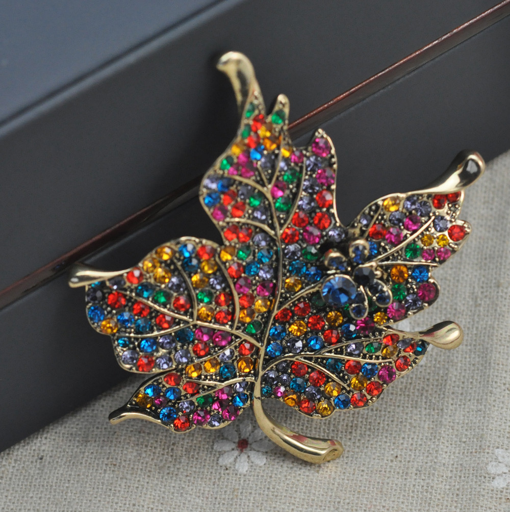 Multi Color Crystal Rhinestone Maple Leaf Brooch Pin Plant Costume Jewelry For Women