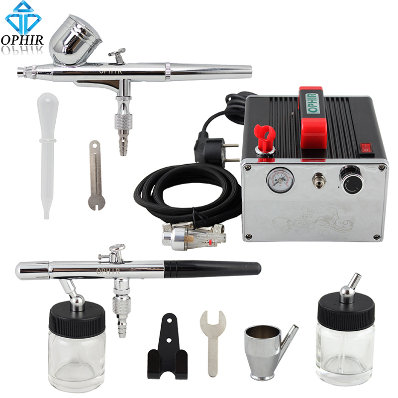 OPHIR 2x Dual-Action Airbrush Kit 0.3mm 0.35mm & Air Compressor for Cake Decoration 110V,220V#AC091+AC004A+AC072