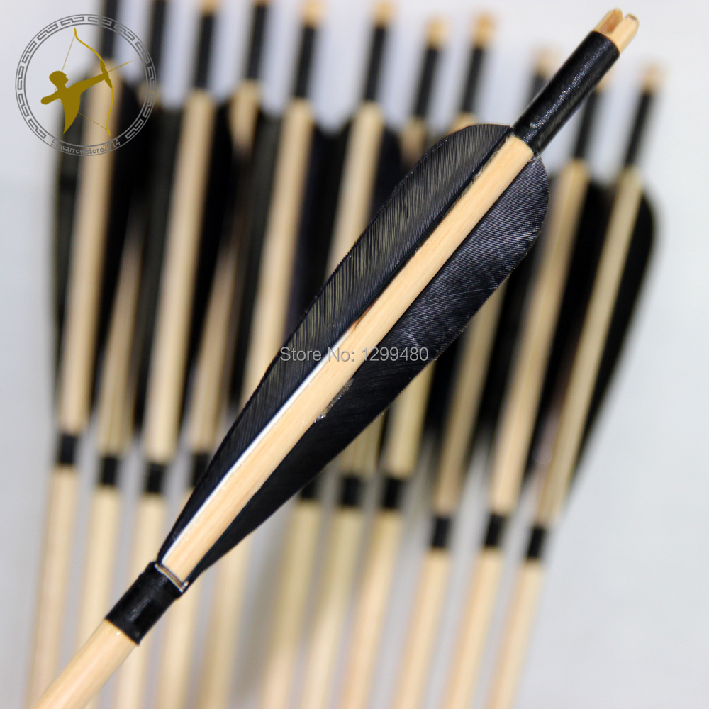 12 Pcs Free Shipping Beautiful Real Black Turkey Feather Fletching Hunting Wood Shaft Arrows Field Point