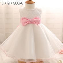 L Q SOONG brands 1 year girl baby birthday dress white beading bowknot pearl baby girl summer dress toddler princess dress