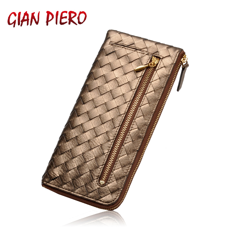 Gold first layer of cowhide genuine leather knitted place card wallet women's zipper soft mobile phone bag  clutch purses