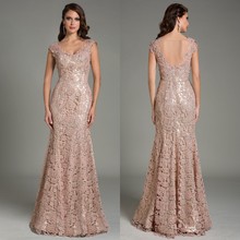 2016 Long Full Lace Evening Dresses V Neck Formal Long Prom Dresses Dusty Pink Modest Floor Length Short Sleeves Custom Made