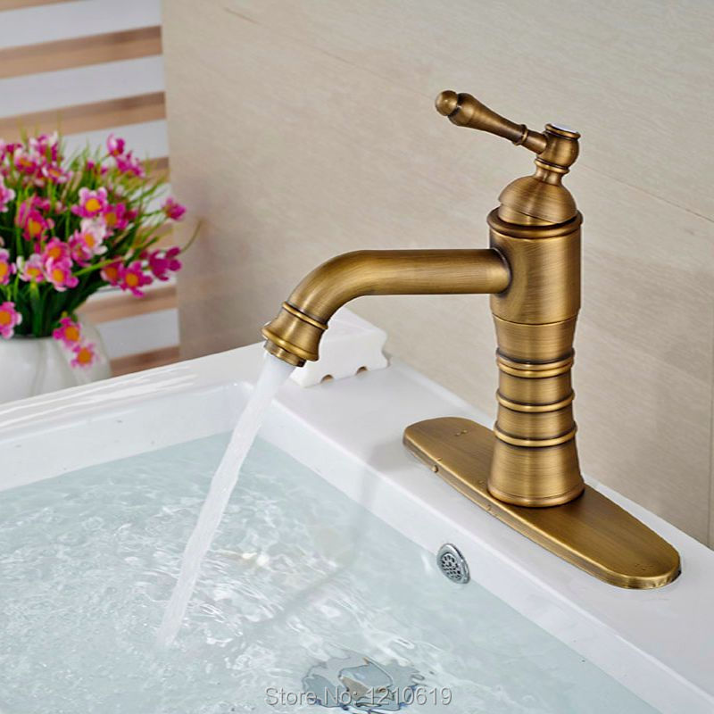 Newly Bathroom Basin Faucet w/ Cover Plate Antique Brass Sink Mixer Tap Deck Mount Cold&Hot Water Tap