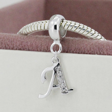 A-M Authentic 925 sterling silver Pendant 26 letter With crystal Bead charms Fit pandora Bracelets & Bangles DIY jewelry SS2657