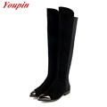 Black Matte Leather 2015 Hot Sale Suede Flat Over The Knee Boots Stretch Thigh High Boots