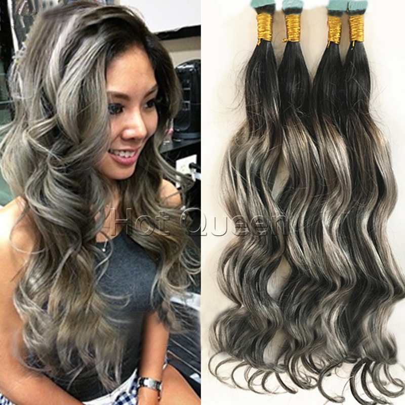 Trama de la piel Pelo P1B/Gris Balayage Pelo Virginal Peruano Extensiones de Cabello Cabeza