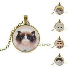 Fashion Vintage Jewelry Sweet Cat Glass Cabochon Pendant Necklace Handmade Antique Bronze Chain Necklace
