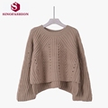 SinoFashion Loose Knitted Sweater 2016 New autumn and winter in front fork horn sleeve loose hollow