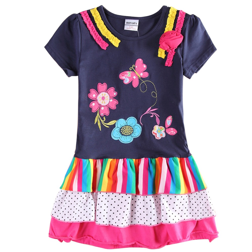 nova kids newest design girl dress knee length appliques short sleeve floral girl dress 2015 new hot sale summerbaby girl
