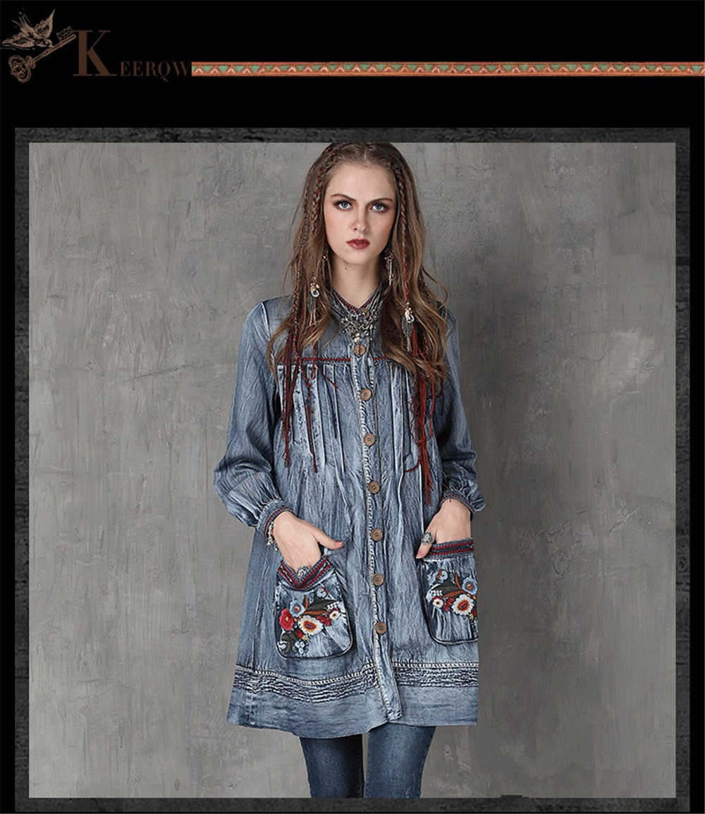 Vintage Floral Embroidery Women Dress Cotton&Linen Loose Stand Collar Dress Denim Womens Long Sleeve Dresses Vestidos Femininos  (5)