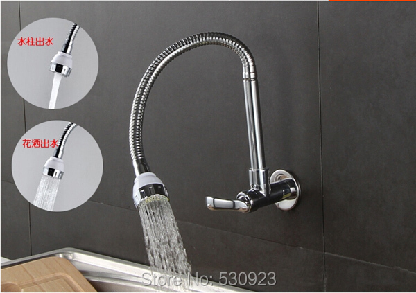 Wall Mounted Chrome Finish Flexible Spray Kitchen Sink Vessel Faucet Single Cold Tap Single Lever