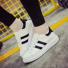 Women Casual Shoes 2016 Spring Canvas Shoes Two Stripe Height Increasing White Shoes Basket Femme PU Solid Flat Zapatos Mujer