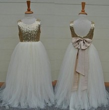 2016 Cheap Cute Lovely A-Line Flower Girls Dresses Scoop Floor Length with Bow Sash Sequins Top with Tulle Skirt Gowns