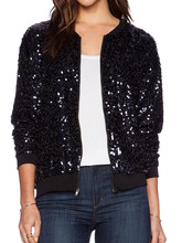 2016 New Stylish Fashion Black Sequin Detail Zipper Front Long Sleeve Bomber Jacket Women Casual Slim Outwear Tops