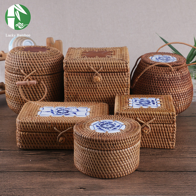 Ротанг ящик для хранения с крышкой квадратные и круглые ручной коробка ювелирных изделий организатор деревянные контейнеры для всякой всячины пуэр чай урожай подарок