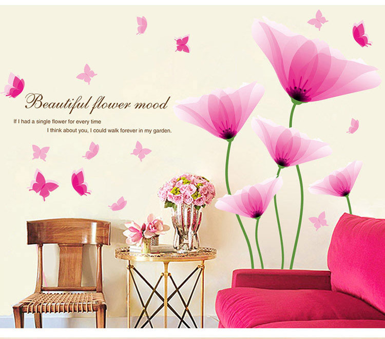 2015 Hot Sale Beautiful Big Pink Flowers Wall Sticker Mariposas