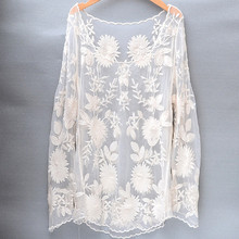 Long Sleeve Lace Blouse Ladies Cute Floral Embroidery Lace Tops White Beige See-through Sexy Women Beach Cover Up dentelle