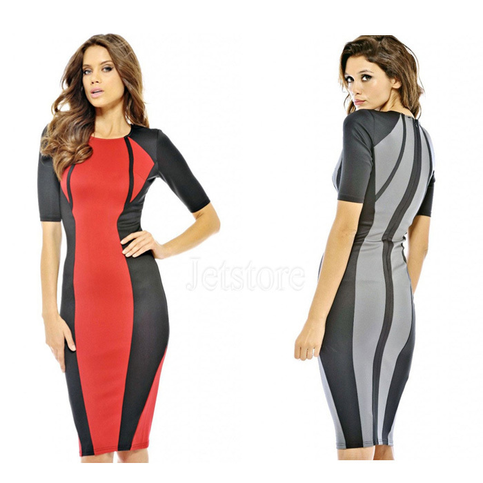 ... evening Red Panel Body-shaping Colorblock Midi Dress high street