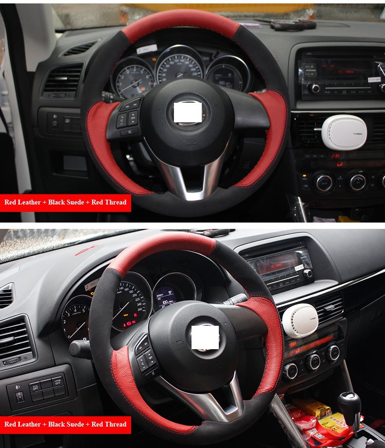 for Mazda CX-5 CX5 Mazda Atenza 2014 Mazda 3 Red Leather Black Suede Steering Wheel Cover Red Thread