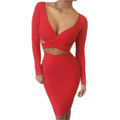 New Black Women Sexy Midi Pencil Club Bandage Bodycon Dress Long Sleve V neck Patchwork Sheath