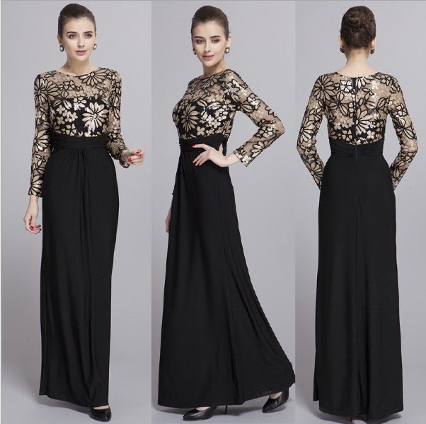 2015 Spring Autumn Lady's Elegant Patchwork O-Neck Full Sleeve Sequined Maxi Dress Vestidos for Party Wedding Boutique