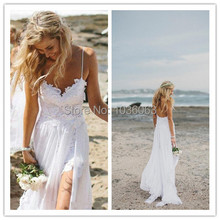 2015 Sexy V,cou Plage Robes De Mariée Bretelles Spaghetti Appliques Bas du Dos En Dentelle De Mariée Robe Dété Bohème De Robes De Mariage