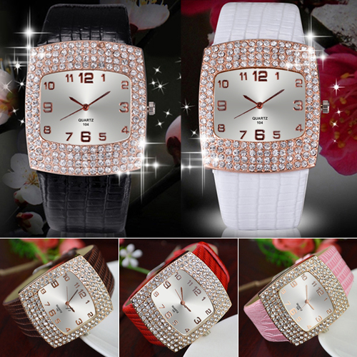 Women s Luxury Square Shiny Crystal Rhinestones Faux Leather Analog Wrist WatchPopular Product 4KPO