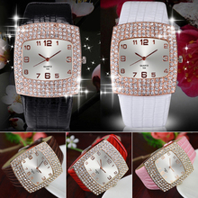 Women s Luxury Square Shiny Crystal Rhinestones Faux Leather Analog Wrist WatchPopular Product 4KPO