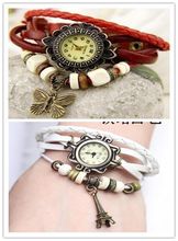2015 Crazy venta de calidad superior de cuero Vintage pulsera de reloj de pulsera de la mariposa / torre Pandent Retro reloj de la joyería reloj