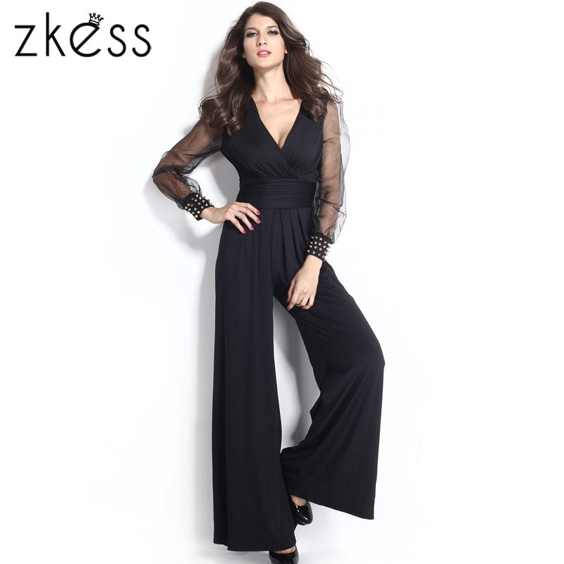 Black-Embellished-Cuffs-Long-Mesh-Sleeves-Jumpsuit-LC6650-4