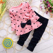 2016 Baby Kids Girls Clothing Set ( Long Sleeve Love Print Patchwork Top with Bow + Pant with Bow ) Children Casual Clothes