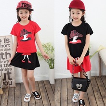 summer style fashion O-neck cartoon short T shirt +girl dress two piece set kids clothes 7~15 age children set
