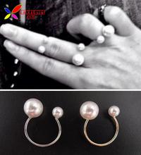2014 Fashion Gold Silver Adjustable Copper Metal Double faux Pearl designer Women’s cuff finger rings bijoux anillos