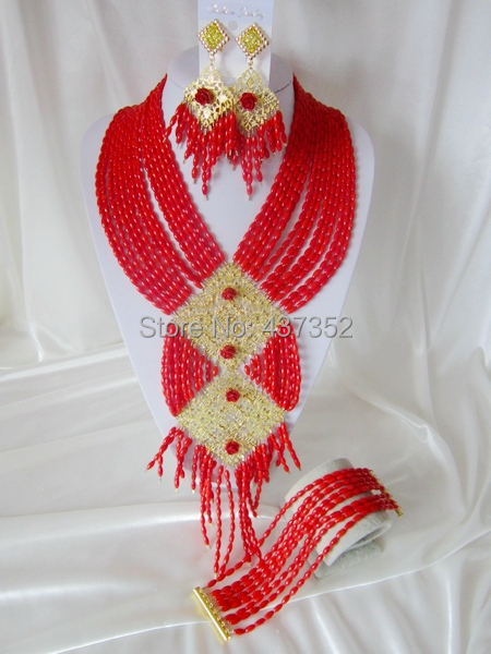 Handmade Nigerian African Wedding Beads Jewelry Set , Coral Beads Bridal Jewelry Set CWS-463