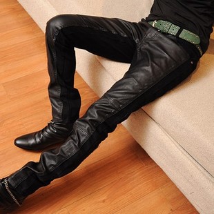 Leather pants male personality pants PU patchwork denim fashion male long slim skinny pants motorcycle pants