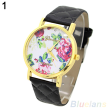 Mujeres de ginebra Rose flor Checker Faux Leather Band cuarzo analógico reloj de pulsera 4KM5
