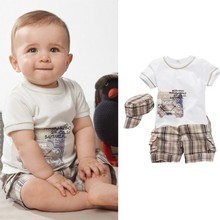 Baby Boys Infants Suit T shirt Plaid Shorts Pants Hat Clothes Outfits 3pcs