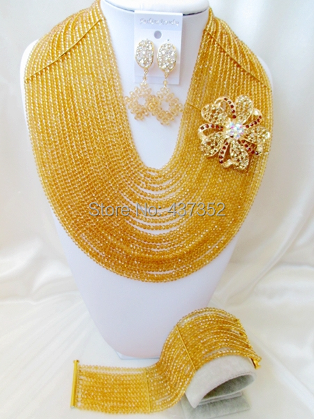 Exclusive 20 layers Champagne Gold Crystal Nigerian Necklaces African Beads Wedding Jewelry Set 2015 New Free Shipping NC255