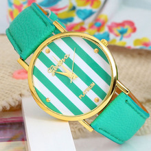 New Classic Geneva Stripes Print PU Leather girl Woman Analog Quartz Wrist Watch Dave student multicolor