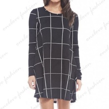 2016 Women Black Tartan Check Print Long Sleeve Casual Swing Ladies Skater Dress 8-22
