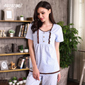 Summer Knitted Cotton Pajamas Round Neck Women Pajama Sets Polka Dot Lounge Pyjamas Short Sleeve Nightwear